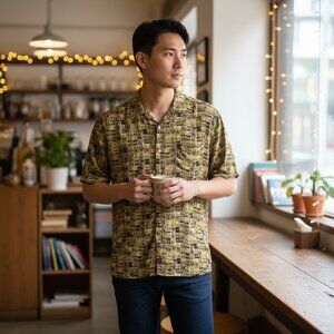 Campia Moda Men’s Hawaiian Shirt Size L Short Sleeve Button Front Collar EUC